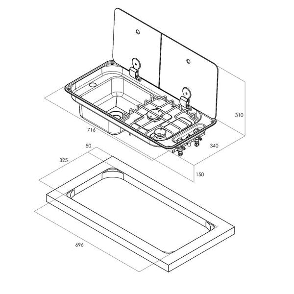 CAN Hob &  Sink, 716/340, 2 Lids, 2 Rings, Piezo