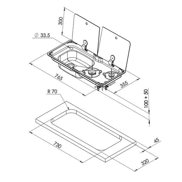 CAN Hob &  Sink, 765/355, 2 Lids, 2 Rings, Piezo